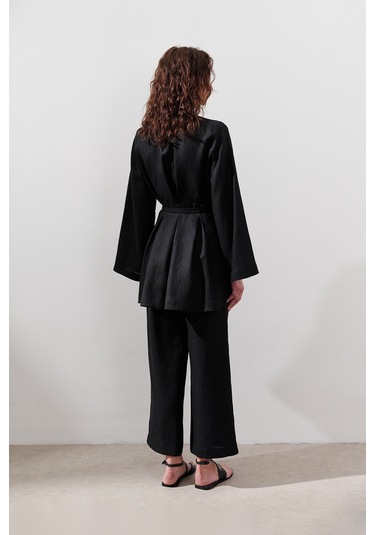 Keten Pensli Tunik Siyah Siyah