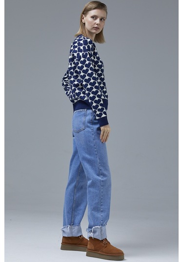 Kalp Desenli Sıfır Yaka Triko Kazak - Lacivert 001