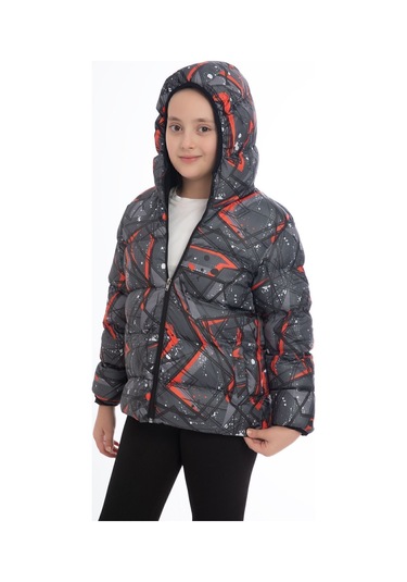 Kız Çocuk Siyah Geometrik Desen İçi Polar Su Ve Rüzgar Geçirmez Kapüşonlu Cepli Şişme Kışlık Mont Siyah