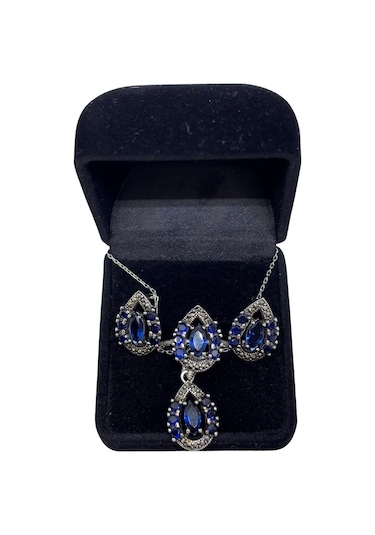 Oya Silver Lacivert Işıltılı Gümüş Damla Markazit Set&takım