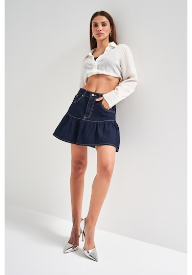 Itsbasic Kadın Koyu Mavi Renk 1s5-50 Volanlı Süper Mini %100 Koton Denim Etek