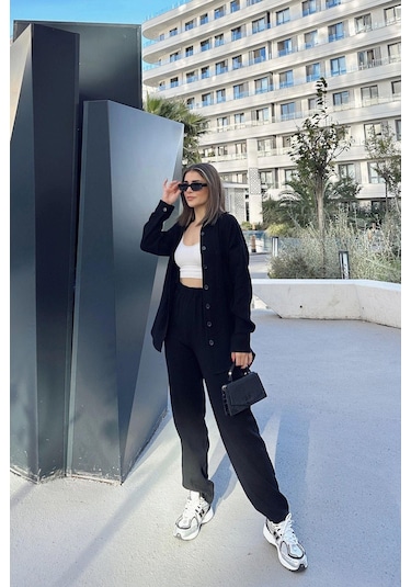 Kadın Siyah Salaş Uzun Gömlek & Beli Lastikli Pantolon - Alt & Üst Müslin Kumaş Takım Siyah