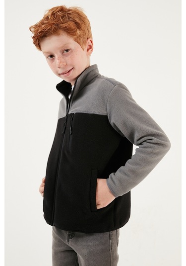 Lela Yumuşak Dokulu Fermuarlı Renk Bloklu Dik Yaka Cepli Hırka Unisex Çocuk Polar 5905001 Gri-Siyah