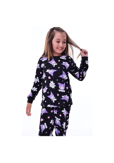 2'li Sevimli Sky Ve Mixed Kuromi Desenli Kız Çocuk Pijama Takımı Siyah
