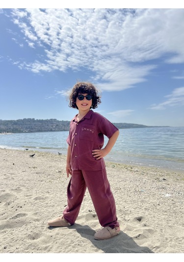 Cebi Nakışlı Gömlek Pantolon Keten Erkek Çocuk Takım Mürdüm Mürdüm