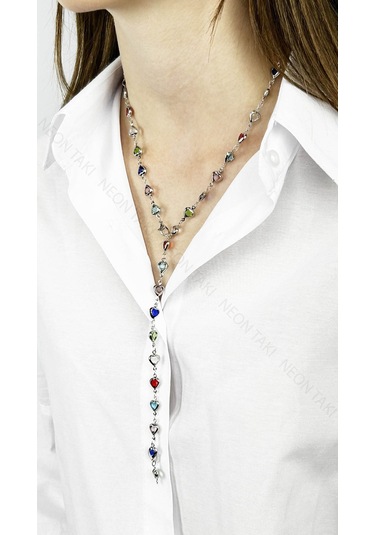 Y Kolye, Taşlı, Çok Renkli, Kalpli, Kolye 433, Kasa Gümüş Renk Gümüş