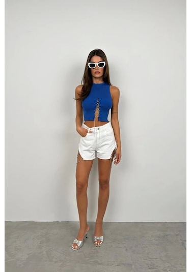 Taş Detay Dekolteli Crop Bluz Saks