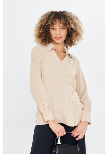 Asimetrik Pile Detay Gömlek Bej Bej