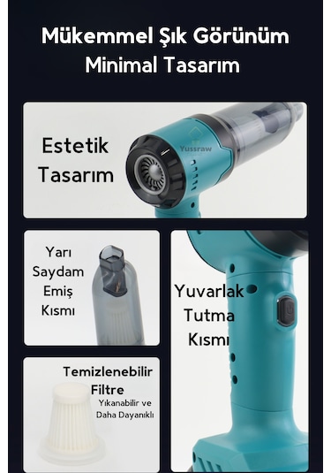 Yeni Araç Içi Süpürge 2 In 1 16000pa 3 Kademeli Vakumlu Üflemeli Araç Süpergesi Pro-hl-126 Mavi