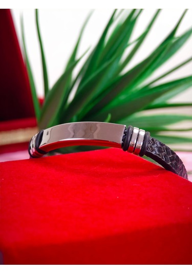 Çelik Derili Bileklik Kişiye Özel İsimli Paslanmaz Derili Çelik İsimli Bileklik 316 L Çelik Altın - Siyah