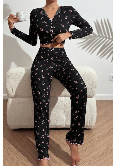 Merry See Baskılı Özel Kumaş Pijama Takımı Siyah