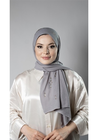 Gri Pratik Hazır Geçmeli Tesettür Şal Örme Kumaş Taşlı Çiçek Desenli 2118c 15