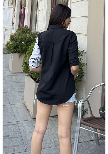 Kadın Siyah Desenli İki Renkli Uzun Kol Regular Kesim Standart Boy Gömlek Siyah