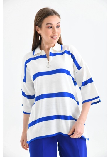 Polo Yaka Fermuarlı Çizgili Salaş Mevsimlik Trko Kazak Saks Saks Mavisi