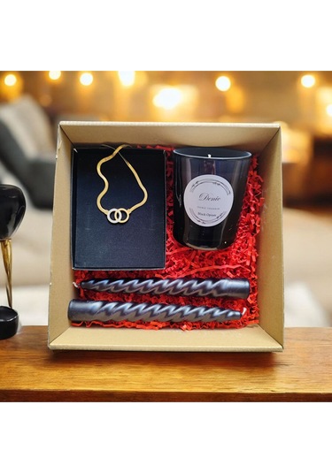 Denic Hediye Seti Kokulu Siyah Bardak Mum Halka Kolye Burgulu Mum