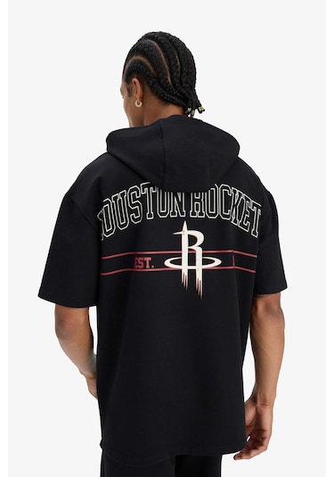 DeFactoFit NBA Houston Rockets Oversize Geniş Kalıp Kapüşonlu Sırt Baskılı Kısa Kollu Tişört D9898AX25SPBK81