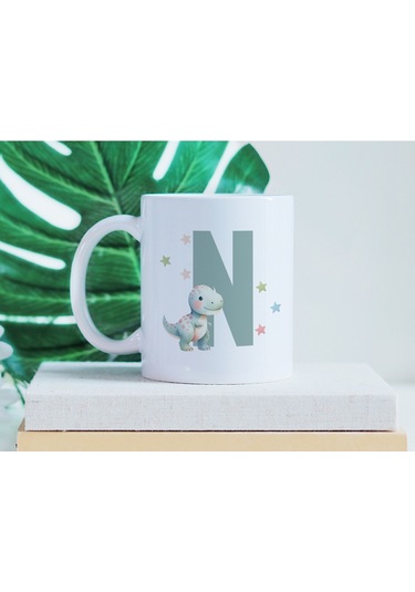 N Harfi Sevimli Dinozor Kupa Bardak - Açık Yeşil Yıldız Detaylı Dino Tasarım - Hediye Beyaz