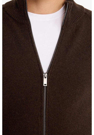 Defacto Standart Fit Dik Yaka Fermuarlı Yün Karışımlı Triko Hırka F2983ax25wnbn497 Kahve