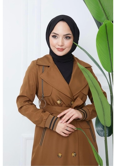 Bondit Kumaş Ribanalı Uzun Boy Trençkot / Kahverengi - M0110 Kahverengi