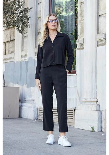 Kadın Likrasız Modal Kumaş Uzun Kol Hafif Kısa Gömlek-siyah Siyah