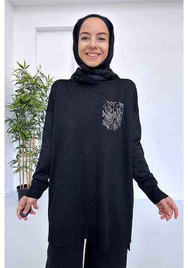 Kahijab Taşlı Cep Merserize Takım - Siyah