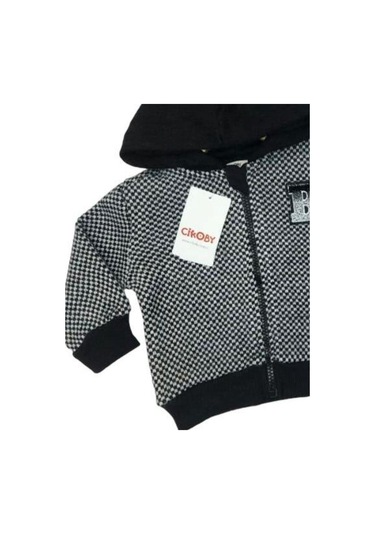 Erkek Bebek Kapüşonlu Kareli Fermuarlı Hırka-13476 Siyah