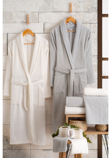 Oznhome Krem-gri Çift Kişilik 6 Parça Bornoz Seti Gri-krem