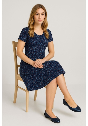 2 Adet Dökümlü Rahat Kalıp Günlük Penye Kumaş Elbise Lacivert - Mavi