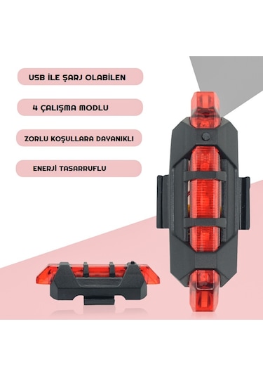 Yeni USB Şarjlı 4 Mod Bisiklet Arka Stop Lambası İkaz Uyarı Işığı Kırmızı - Siyah