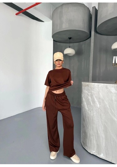 Osy Modal Yumuşak Dokulu Kumaş Kısa Kollu Bluz Rahat Pantalon Ikili Takım- Kahverengi Kahverengi