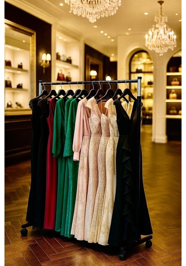 105 En 150 Yükseklik Paslanmaz Tekerlekli Siyah Metal Konfeksiyon Elbise Kıyafet Askılık Demonte Vitrin Siyah