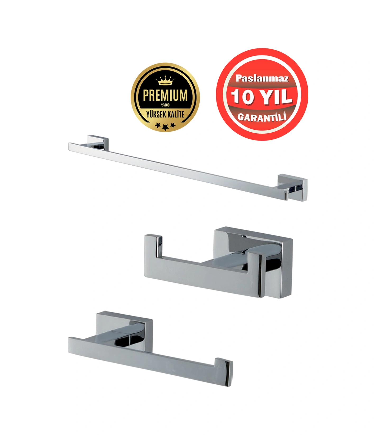 Çelik Banyo Paslanmaz Pirinç Banyo Aksesuar 3'lü Set Kenzo Havluluk Tuvalet Kağıtlık Askılık Krom