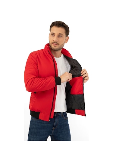 Erkek Astarlı Dik Yaka Mevsimlik Cepli Su Ve Rüzgar Geçirmez Mont Kırmızı