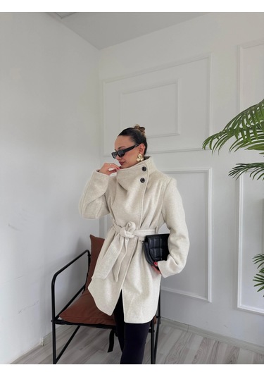Keymoda Kadın Bej Kuşaklı Kısa Kaşe Kaban Taş Rengi