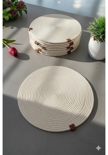 Amerikan Servis Runner 6 Lı Sunum Supla Çeyiz Takımı Örgü Tabak Altı Yanmaz Krem