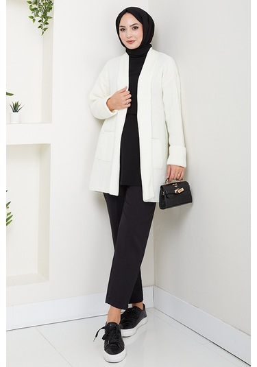 Enfil Şal Yaka Triko Hırka 1598 - Beyaz Beyaz