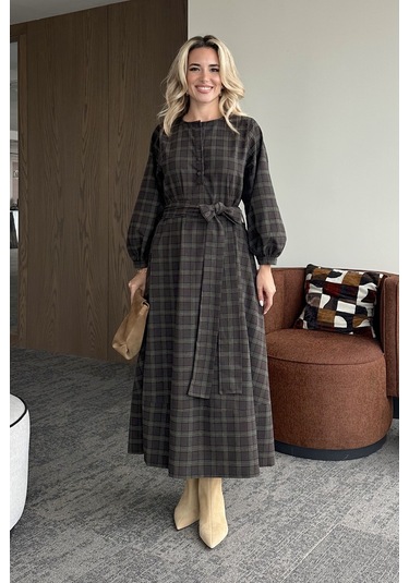 Haki Ekoseli Kuşaklı Uzun Elbise - 1235 Haki