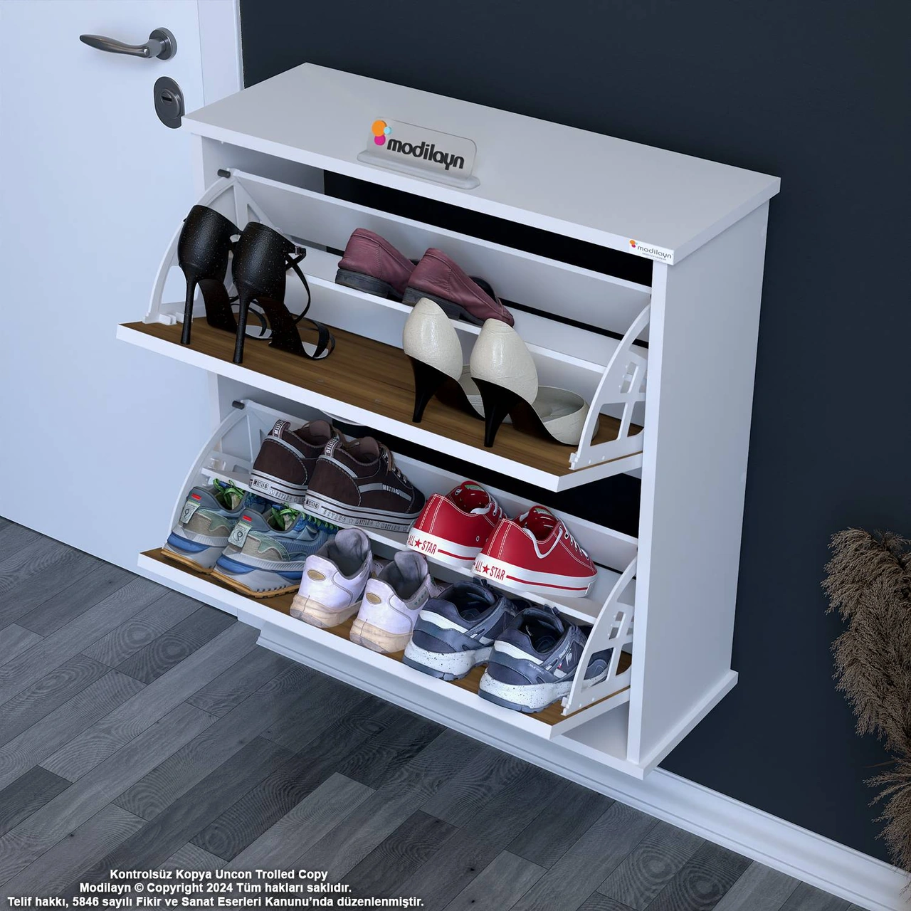 Asaf Ceviz Renk 72 Cm Asma Ayakkabılık Antre 2 Düşer Kapak 4 Göz Raf Ayakkabılık 72x74x25,5 Cm Ceviz