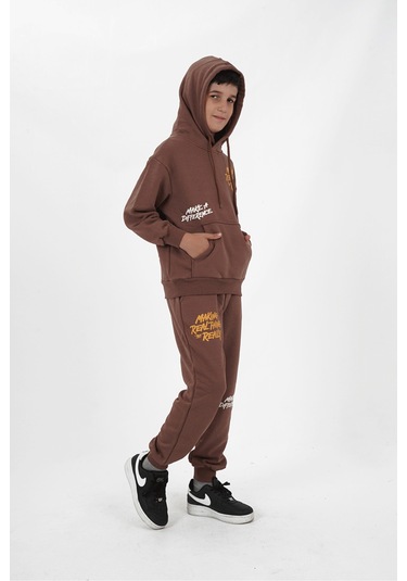 Erkek Çocuk Üç İplik Şardonsuz Kumaş Baskılı Kapüşonlu Eşofman Takımı Koyu Kahve