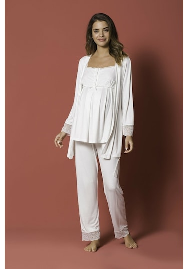 Monamise 18203 Hamile Lohusa Sabahlıklı Pijama Takımı-ekru