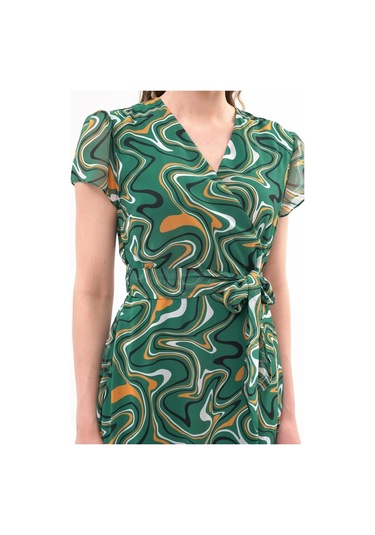 Kadın Desenli Kruvaze Yaka Midi Şifon Elbise 4445/110 Zümrüt Yeşili