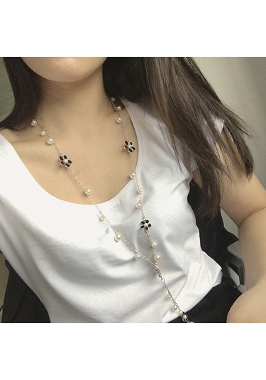 İnci Beş Yapraklı Çiçek Uzun Kolye Kadın Püskül Uzun Kazak Zinciri Beyaz Çok Renkli