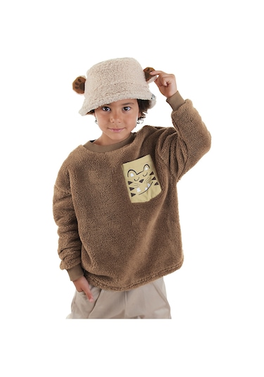 Denokids Kaplan Oversize Erkek Çocuk Peluş Sweatshirt - Kahverengi