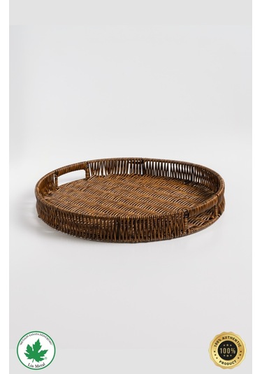 Yuvarlak Hasır Tepsi, Kulplu Sunum Tepsisi, Servis Tepsisi, Kahve Tepsisi, Keyif Tepsisi, Modern Hasır Tepsi - 35 Cm Kahverengi