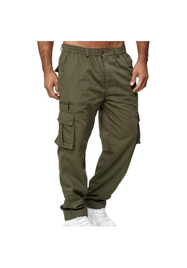 Ayw Erkek Pantolon Çok Cepli Düz Orta Bel Kargo Pantolon Günlük Giyim İçin Haki