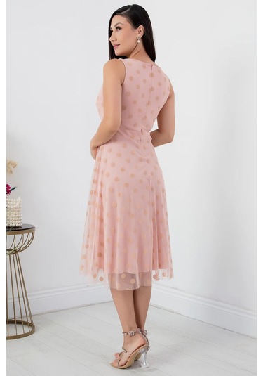 Sifir Kol Yuvarlak Abiye Elbise Pudra