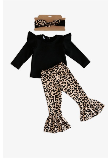 Kız Çocuk Leopar İspanyol Uzun Kollu Alt Üst Bandana Takım Tkm-0150 Siyah-leopar Siyah - Leopar