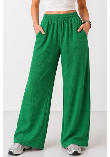 Trend Alisse Beli Lastikli Cepli Bol Paça Kadın Pantolon Yeşil