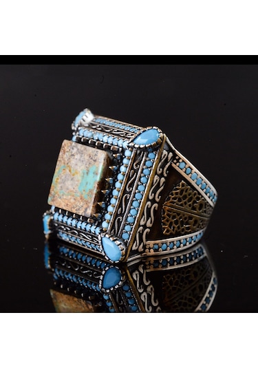 Doğal Turkuaz Taş Yüzük, Kare Tasarım - 925 Ayar Gümüş Erkek Yüzüğü, El Yapımı Şıklık Gümüş