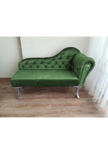 Ters Kol Dekoratif Bihter Koltuk Josefin Puf 130 Cm Gümüş Ayak Yeşil